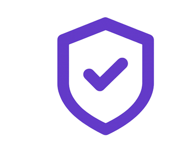 Purple shield icon with a checkmark symbolizing data security, protection, and verified safety.