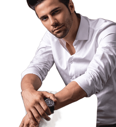 a handsome gay daddy in a white shirt and a watch
